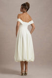 Calliopia Cream Bow Bardot Midi Dress With Puff-Ball Skirt