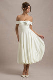 Calliopia Cream Bow Bardot Midi Dress With Puff-Ball Skirt