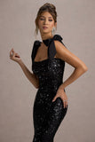Solaria Black Sequin Midi Dress With Bow Straps