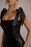 Solaria Black Sequin Midi Dress With Bow Straps