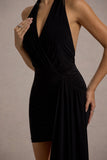 Sidney Black Plunge-Neck Draped Wrap Mini Dress