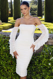 Favor White Ruched Mesh Bardot Midi Dress