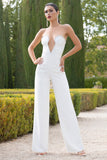 Julia White Extreme Plunge Cut Out Wide Leg Jumpsuit