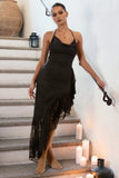 Ladyship Black Lace Asymmetric Ruffled Maxi Dress