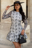 Claribel Black & White Lace Long-Sleeve Mini Dress With Ruffle Hem