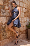 Levie Navy Polka Dot Halter-Neck Mini Dress