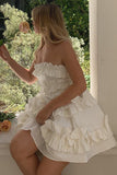 Rosette White Ruffled Bandeau Mini Dress