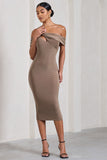 Chain Reaction Mocha Strappy Asymmetric Bodycon Midi Dress