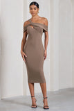 Chain Reaction Mocha Strappy Asymmetric Bodycon Midi Dress