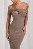 Chain Reaction Mocha Strappy Asymmetric Bodycon Midi Dress