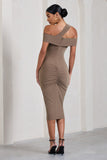 Chain Reaction Mocha Strappy Asymmetric Bodycon Midi Dress