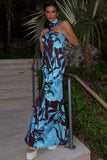 Adoria Floral Print Satin High-Neck Maxi Dress