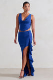 La Belle Blue Ruffle Maxi Skirt With Thigh Split