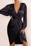 True Romance Black Satin Plunge Neck Midi Dress With Belt Detail