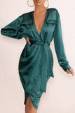 True Romance Bottle Green Satin Plunge Neck Midi Dress With Belt Detail