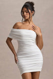 Tampa White Ruched Asymmetric Bardot Mini Dress