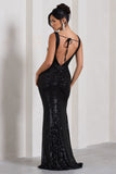Yvonne Black Sequin Open-Back Bodycon Maxi Dress