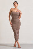 My Lady Mocha Strapless Bodycon Ruched Mesh Maxi Dress