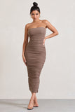 My Lady Mocha Strapless Bodycon Ruched Mesh Maxi Dress