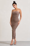 My Lady Mocha Strapless Bodycon Ruched Mesh Maxi Dress