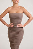 My Lady Mocha Strapless Bodycon Ruched Mesh Maxi Dress