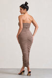 My Lady Mocha Strapless Bodycon Ruched Mesh Maxi Dress