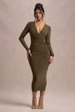 Marcia Khaki Bodycon Plunge-Neck Midi Dress
