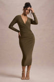 Marcia Khaki Bodycon Plunge-Neck Midi Dress