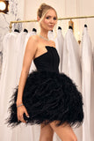 Peaches Black Strapless Mini Dress With Volume Feather Hem