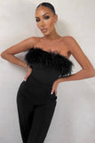 First Class Black Bandeau Feather Wide Leg Jumpsuit