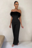 First Class Black Bandeau Feather Wide Leg Jumpsuit