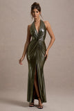 Carana Gold Plunge-Neck Knotted Split Maxi Dress