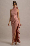 Maureen Pink Satin High-Neck Draped Maxi Dress