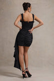Lesina Black Satin Ruched Corset Mini Dress With Drape