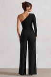 Mila Black One Shoulder Ruched Wide Leg Jumpsuit