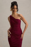 Dorit Burgundy One Shoulder Asymmetric Ruched Midi Dress
