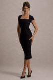 Lorenzie Black Square-Neck Short-Sleeve Twist Midi Dress