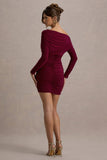 Zhara Burgundy Ruched One-Shoulder Bodycon Mini Dress