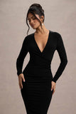 Marcia Black Bodycon Plunge-Neck Midi Dress
