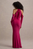 Hurghada Hot Pink Plunge-Neck Long-Sleeve Maxi Dress
