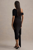 Vallea Black One-Shoulder Draped Midi Dress