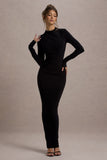 Hespera Black High-Neck Long-Sleeve Gathered Maxi Dress