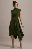 Velma Olive Satin Midi Dress With Draped Hem