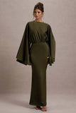 Zuzanna Khaki Draped Maxi Dress With Cape Sleeves