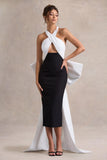 Blanca Black & White Halter-Neck Cut-Out Midi Dress With Oversized Bow