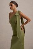 Here For Love Khaki Satin Asymmetric Maxi Dress With Bow