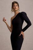 San Jose Black One-Shoulder Puff-Sleeve Jumpsuit