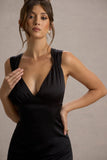 Beck Black Satin Plunge-Neck Cross-Back Midi Dress