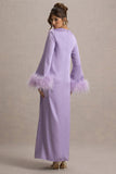 Adella Lilac Satin Feather-Trim Maxi Dress