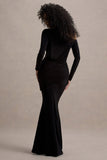 Deanna Black Asymmetric Long-Sleeve Ruched Maxi Dress